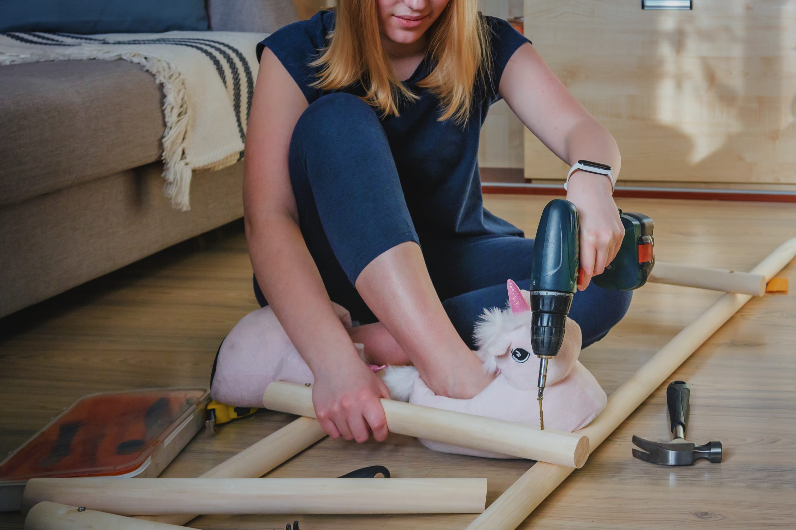 Gender Equality Feminism Girl Working With Hammer Screwdrivers At Home Handwork At Home Male Work Discrimination Creative Work Hobby.gender equality